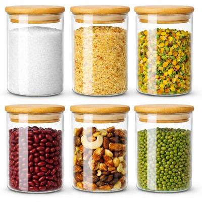 Kit 6 Potes Herméticos 300ml Redondo de Vidro com Tampa de Bambu para Temperos Grãos e Café
