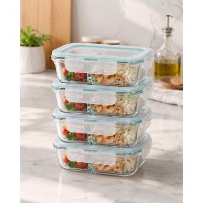 Kit 4 Potes de Vidro Borossilicato 640ML com Divisória para Freezer Micro-ondas e Forno Transparente
