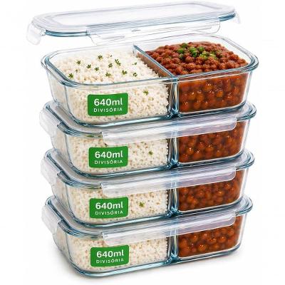 Kit Marmita Fitness 4 Potes Vidro Borossilicato Hermético 640ML Micro-ondas Freezer Transparente