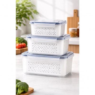 Kit 3 Potes Organizadores de Geladeira com Tampa Hermética e Cesto Escorredor 850ml 1750ml 3300ml