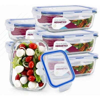 Kit 6 Potes de Vidro Herméticos Marmita Mantimentos 640ml Retangular para Arroz Grãos e Conservação