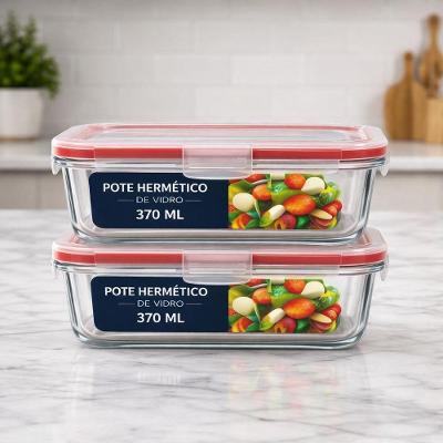 Kit 2 Potes de Vidro Borossilicato Hermético Retangular 370ml 4 Travas Micro-ondas Freezer