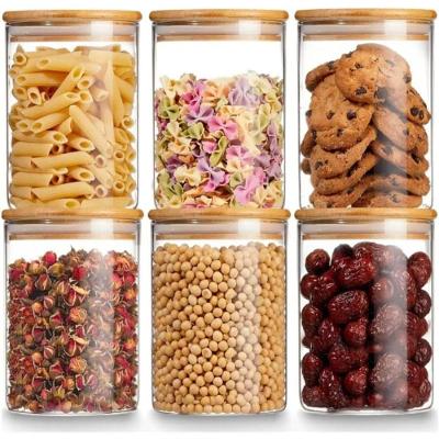 Kit Pote de Mantimentos Hermético 6 Unidades 300ml com Tampa de Bambu Vidro Transparente