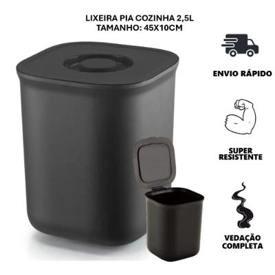 Lixeira de Pia para Cozinha Cesto de Lixo com Tampa Que Esconde o Saco Compacta Preto 2,5L