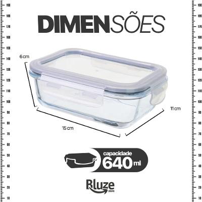 Kit 6 Potes de Vidro Borossilicato Retangular 640ml Tampa Hermética para Micro-ondas e Freezer
