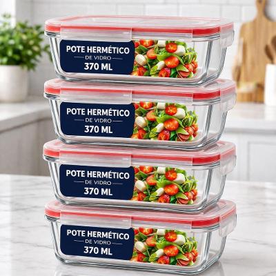 Kit 4 Potes de Vidro Borossilicato 370ml Marmita Fitness Micro-ondas Freezer Forno Transparente