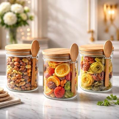 Kit 3 Potes de Mantimentos Premium Herméticos Vidro com Tampa e Colher de Bambu Café