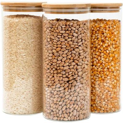 Kit 3 Potes de Vidro 1,6L com Tampa de Bambu Herméticos Redondos para Cereal Grãos e Mantimentos
