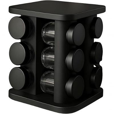Porta Temperos Giratório Premium 12 Potes de Vidro 85ml Tampa Inox Rotação 360 graus  para Cozinha Preto