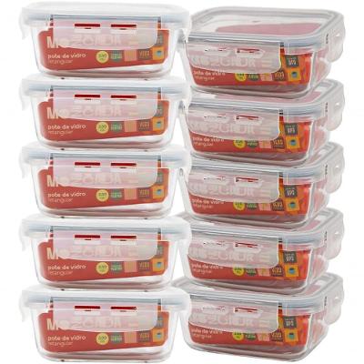 Potes de Armazenamento Kit 10 Potes de Vidro Marmita 330ml Hermético com Trava Retangular Cinza