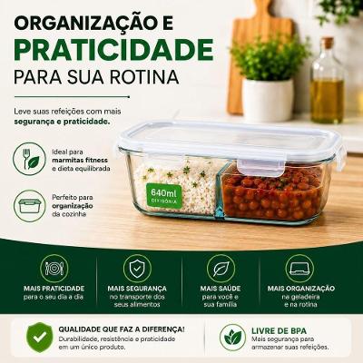 Pote Hermético de Vidro 640ML com Divisória para Micro-ondas e Freezer Transparente