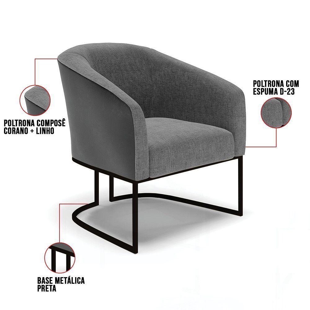 Poltrona Stella Corano Preto Com Linho Grafite A26 Base Industrial Preto - D'Rossi - 3