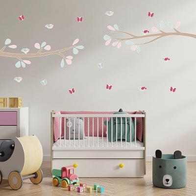 Adesivo de Parede Borboleta Flores Passarinhos Infantil com Kit 59 Adesivos e Régua Crescimento