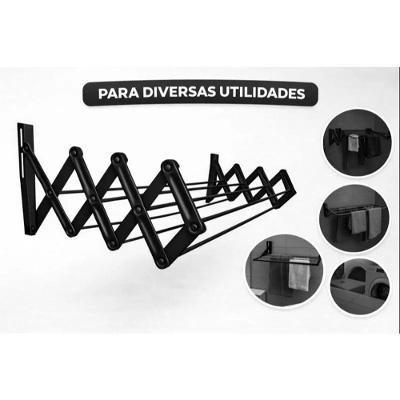 Varal Retrátil de Parede Sanfonado 80cm de Aço Dobrável para Lavanderia Preto