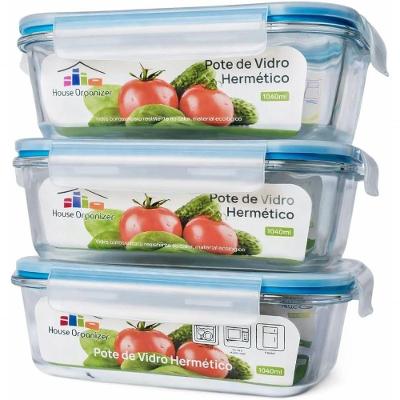 Potes de Armazenamento Conjunto 3 Hermético Vidro Borosilicato 4 Travas para Micro-ondas e Forno