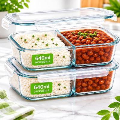 Pote Hermético Kit 2 Potes de Vidro Borossilicato 640ml com Divisória Vedação 4 Travas