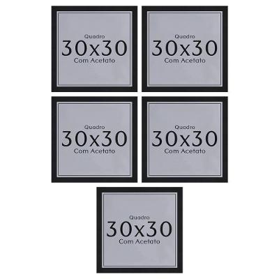 Kit 5 Quadros 30x30 com Acetato e Fundo MDF Madeira Maciça Preta