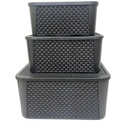 Kit 3 Caixas Organizadoras Rattan Retangular Polipropileno Multiuso para Casa Preto Plasnew 5,8L