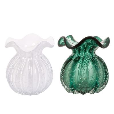 Kit 2 Vasos Vidro Murano Trouxinha Flor Plantas Arranjos Branco Leitoso e Verde Esmeralda Lemis