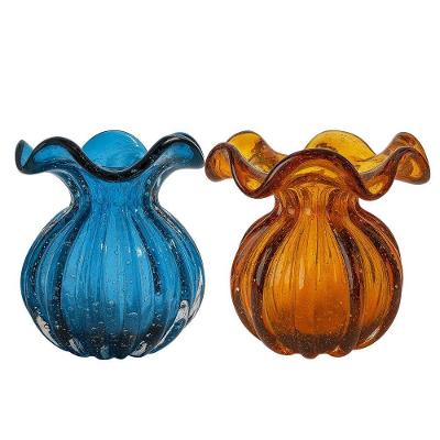 Kit 2 Vasos Decorativos Trouxinha Irregular Vidro Murano Azul e Âmbar Lemis