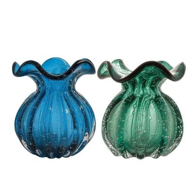 Kit 2 Vasos Vaso Vidro Murano Trouxinha Irregular Azul e Verde Esmeralda Lemis