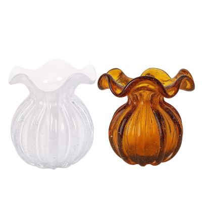 Kit 2 Vasos de Vidro Murano Trouxinha Irregular com Bolhas Branco Leitoso e Âmbar Lemis