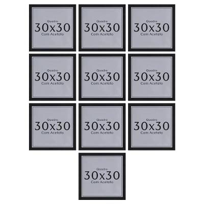 Kit 10 Quadros 30x30 com Moldura Quadrado em Madeira Maciça com Acetato Preto