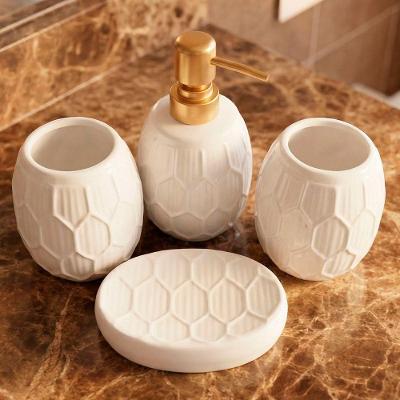 Jogo Banheiro Lavabo Acessórios Textura Hexagonal Kit 4 Branco