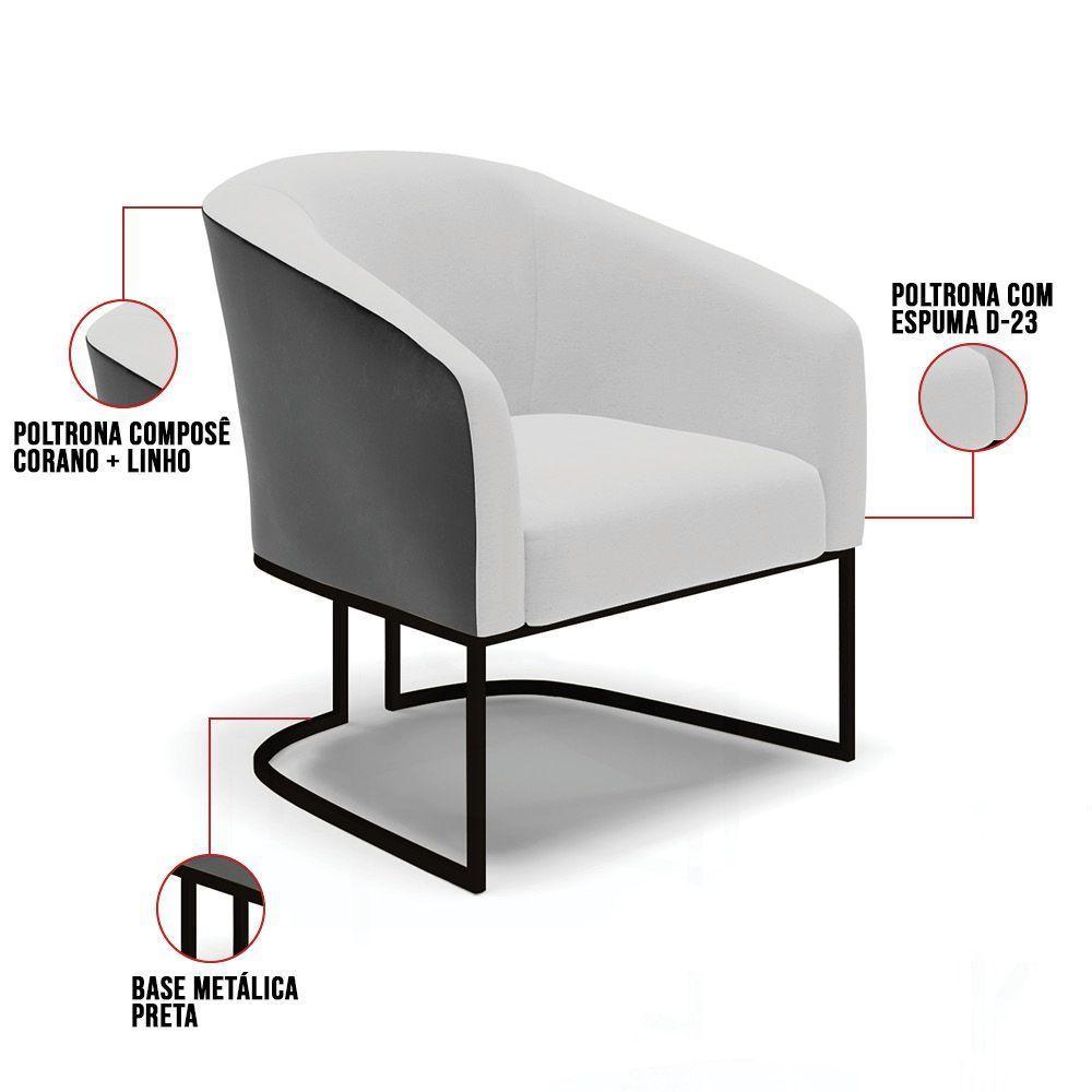 Poltrona Stella Corano Preto Com Linho Cinza A05 Base Industrial Preto - D'Rossi - 3
