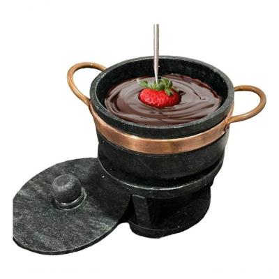 Conjunto Fondue Queijo e Chocolate Panela Pedra Sabão e Cobre com 4 Garfinhos Decorativo Preto São