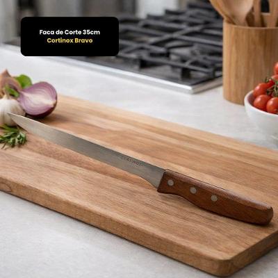 Faca de Corte Bravo Aço Inox Cabo em Madeira Natural para Amadeirado Thika Importadora