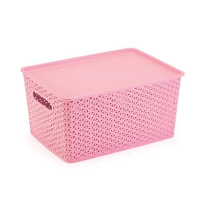 Caixa Organizadora Grande com Tampa 15L Rattan Polipropileno para Banheiro Rosa Plasnorthon