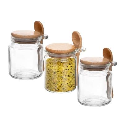 Pote Porta Temperos Kit 3 Unidades Hermético com Tampa e Colher de Bambu Vidro para Cozinha