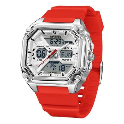 Relógio Digital Masculino Design Luminoso TPU Prata e Vermelho Sanda
