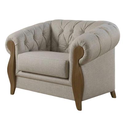 Poltrona Decorativa Milano Capitonê Linho Bege com Pés de Madeira Milani Movelaria