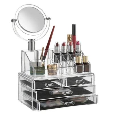 Organizador de Cosméticos 4 Gavetas e Espelho Acrílico Transparente Design Modular para Penteadeira