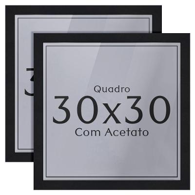 Kit 2 Unidades Moldura 30x30 Quadro com Acetato Quadrado em MDF e Madeira Maciça Preta