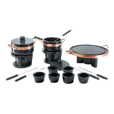 Kit Fondue Pedra Sabão 18 Peças Chapa 37CM Panelas 800ML Garfinhos Cumbucas São José