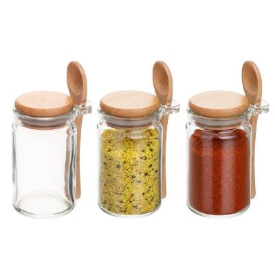 Pote Porta Temperos Kit 3 Unidades Hermético de Vidro com Colher de Bambu para Cozinha Transparente