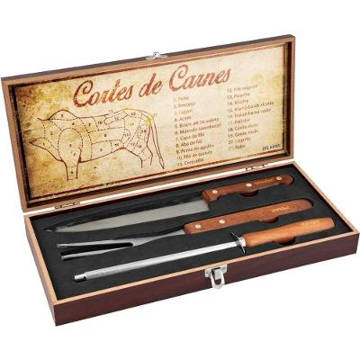 Jogo de Utensílios para Churrasco 3691000004 Preparo de Carnes Aço Inox Cabo de Madeira com 4 Peças