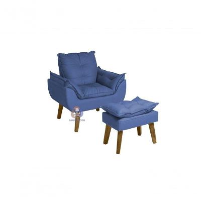 Poltrona Glamour Decorativa com Puff Suede Confortável Azul Marinho SMF Decor