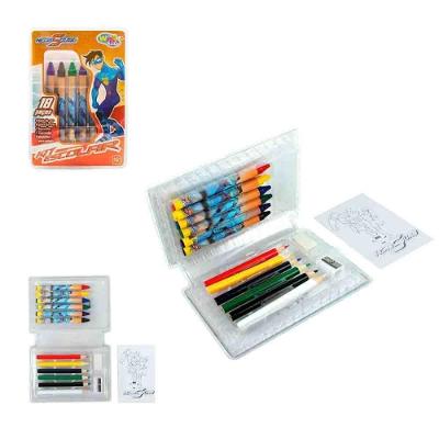 Estojo Infantil Escolar Wellmix Hero Squad 18 Peças 6 Lápis de Cor 6 Giz de Cera 1 Borracha 1