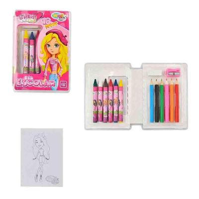 Estojo Infantil Escolar Wellmix Glam Girl 18 Peças com Lápis e Giz e Desenhos e Borracha e Apontador