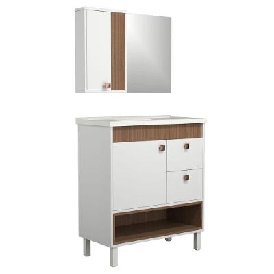 Conjunto Gabinete de Banheiro Istambul 1 Porta 1 Prateleira MDF - MDP 15mm 80CM Branco com Jequitibá