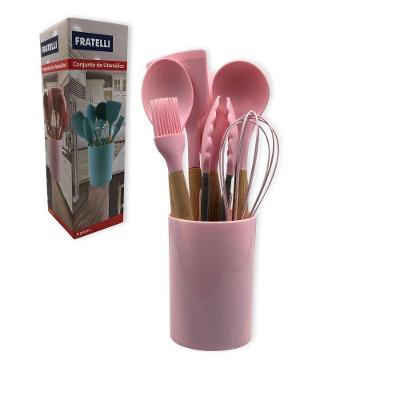 Conjunto de Utensílios Silicone 8 Peças Praticidade e Beleza Cabos de Madeira Cozinha Rosa Fratelli