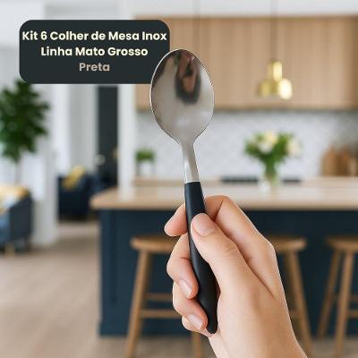 Colher de Mesa Linha Mato Grosso 6 Peças Inox Polipropileno Preta Praticasa