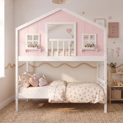 Beliche Infantil Casinha dos Sonhos com Varanda Madeira Maciça Rosa e Branco