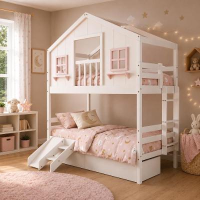 Beliche Infantil Casinha dos Sonhos com Escorregador Madeira Maciça Branco Rosa Megamobília