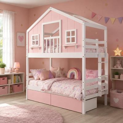 Beliche Infantil Casinha dos Sonhos com Varanda 2 Gavetas Madeira Maciça Rosa- Branco