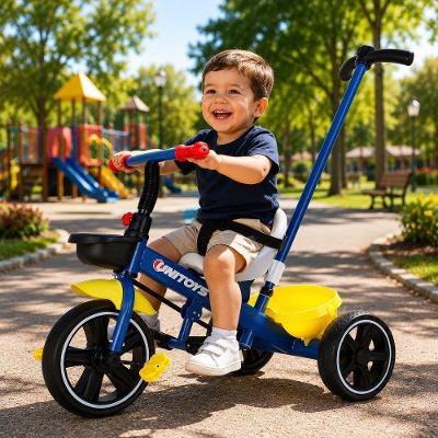 Triciclo Infantil com Cadeirinha e Empurrador Azul com Cinto e Cesto Traseiro